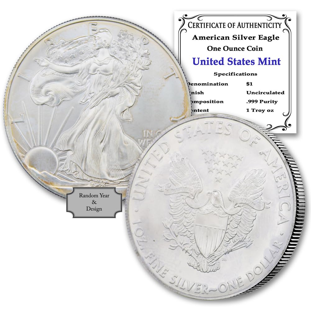 1986 - Present (Random Year) 1 oz American Silver Eagle Coin Brilliant Uncirculated (Type 1 or Type 2 - With Milk Spots or Toning) with Certificate of Authenticity $1 Seller BU