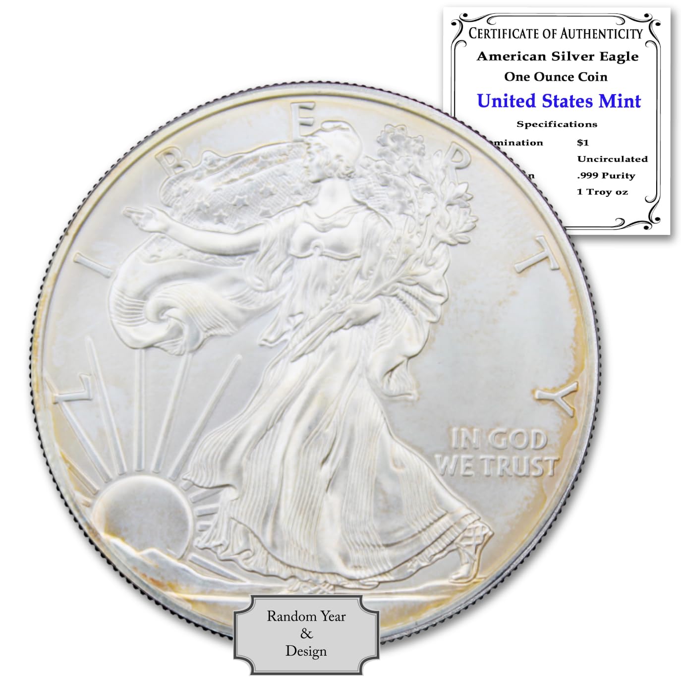 1986 - Present (Random Year) 1 oz American Silver Eagle Coin Brilliant Uncirculated (Type 1 or Type 2 - With Milk Spots or Toning) with Certificate of Authenticity $1 Seller BU