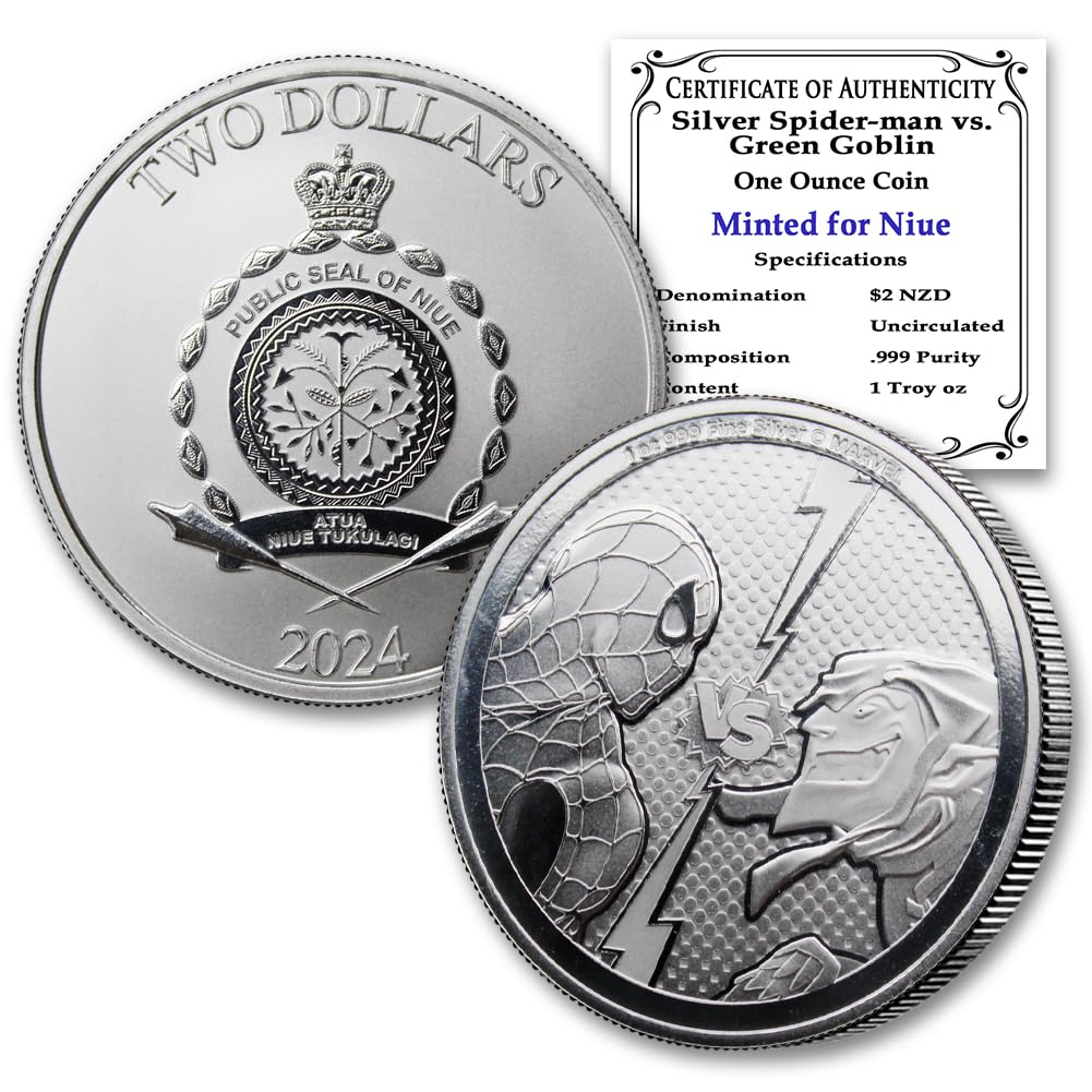 2024 1 oz Niue Silver Marvel Versus Series: Spider-Man vs Green Goblin Coin Brilliant Uncirculated with Certificate of Authenticity $2 BU