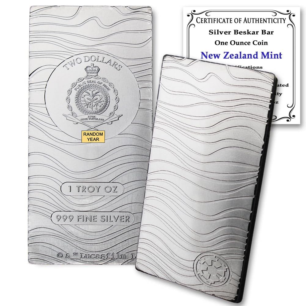 2021 - Present (Random Year) 1 oz Niue Silver Mandalorian Beskar Bar Coin by The New Zealand Mint Brilliant Uncirculated with Certificate of Authenticity $2 BU