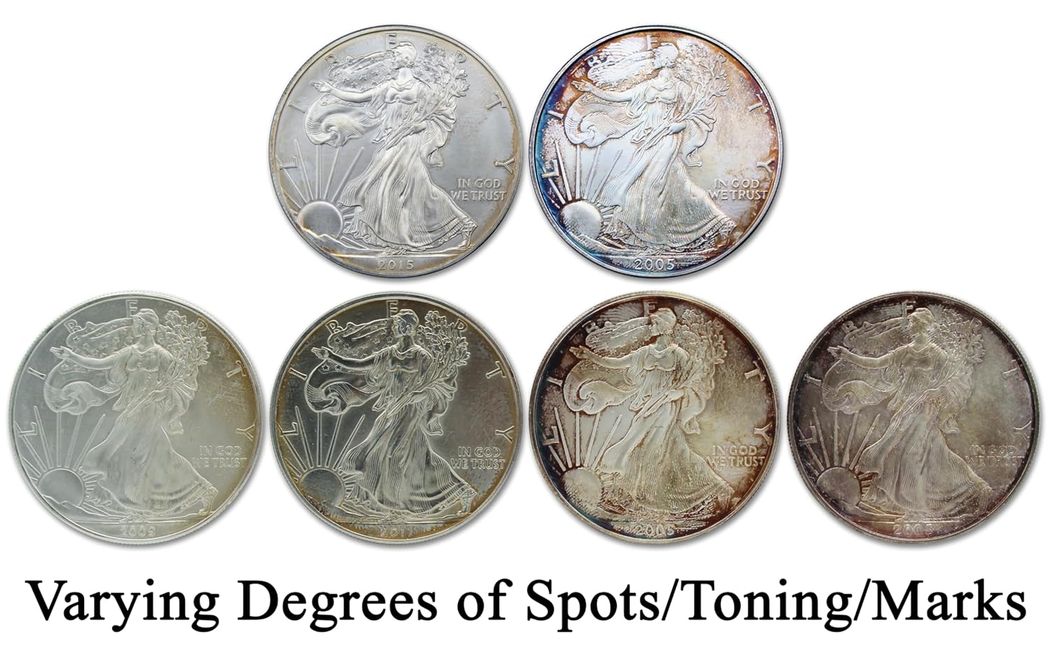 1986 - Present (Random Year) 1 oz American Silver Eagle Coin Brilliant Uncirculated (Type 1 or Type 2 - With Milk Spots or Toning) with Certificate of Authenticity $1 Seller BU