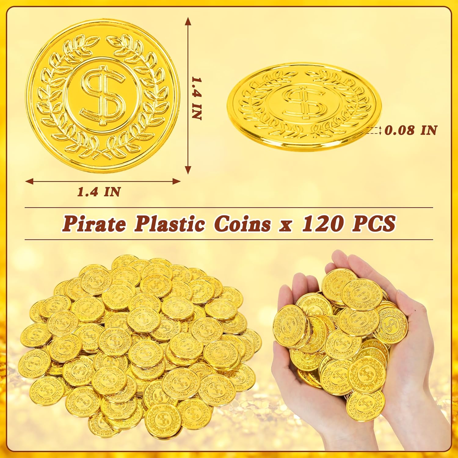 120 PCS Gold Coins, 1.4 in Plastic Gold Coins, 0.08 in Thick Fake Coins Pirate Coins Tokens Play Coins for Kids, Pirate Treasure Classroom Reward Adventure Theme Party Supplies for Pirate Party